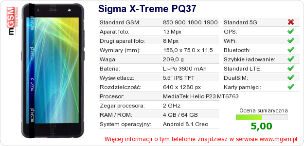 Dane telefonu Sigma X-Treme PQ37 Dane telefonu Sigma X-Treme PQ37