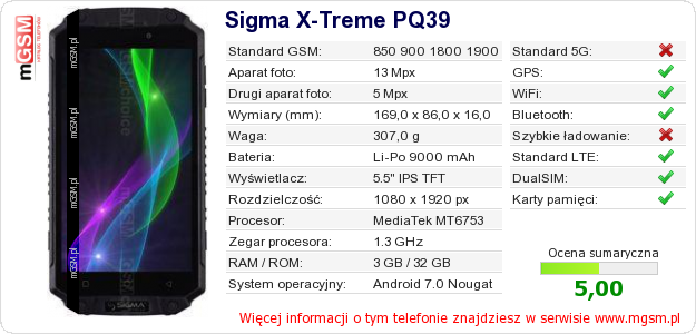 Dane telefonu Sigma X-Treme PQ39