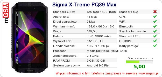Dane telefonu Sigma X-Treme PQ39 Max