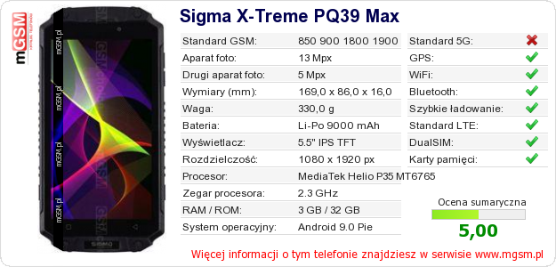 Dane telefonu Sigma X-Treme PQ39 Max Dane telefonu Sigma X-Treme PQ39 Max