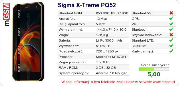 Dane telefonu Sigma X-Treme PQ52 Dane telefonu Sigma X-Treme PQ52