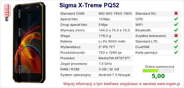 Dane telefonu Sigma X-Treme PQ52