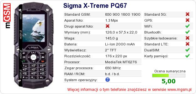 Dane telefonu Sigma X-Treme PQ67 Dane telefonu Sigma X-Treme PQ67