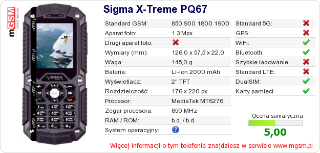 Dane telefonu Sigma X-Treme PQ67