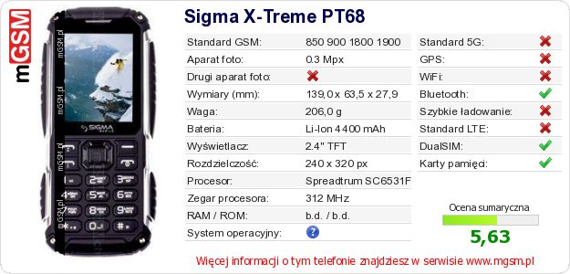 Dane telefonu Sigma X-Treme PT68 Dane telefonu Sigma X-Treme PT68