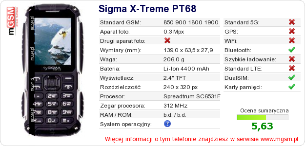Dane telefonu Sigma X-Treme PT68