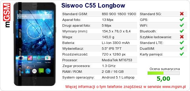 Dane telefonu Siswoo C55 Longbow