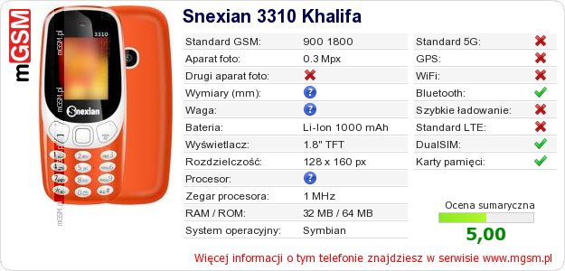Dane telefonu Snexian 3310 Khalifa