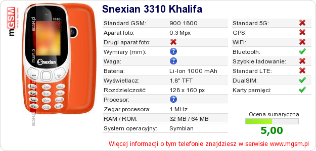 Dane telefonu Snexian 3310 Khalifa