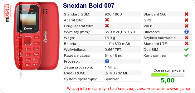 Dane telefonu Snexian Bold 007