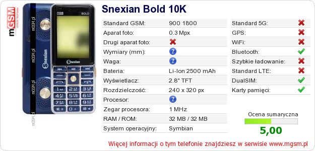 Dane telefonu Snexian Bold 10K Dane telefonu Snexian Bold 10K