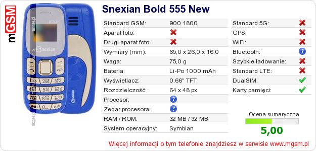 Dane telefonu Snexian Bold 555 New