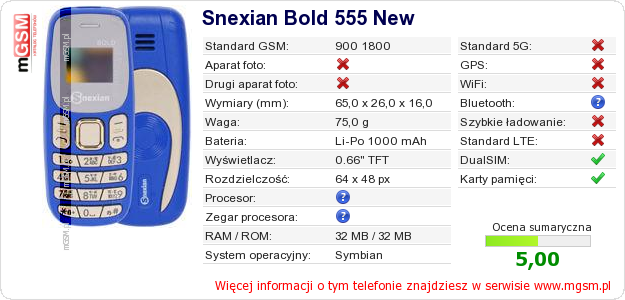 Dane telefonu Snexian Bold 555 New Dane telefonu Snexian Bold 555 New