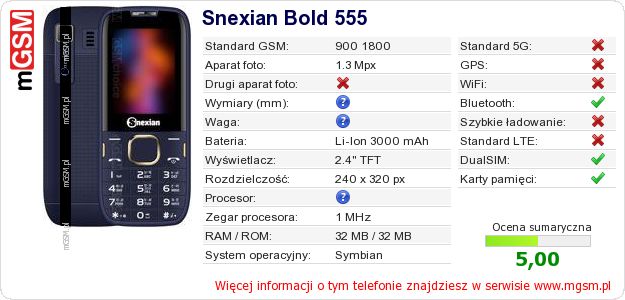 Dane telefonu Snexian Bold 555 Dane telefonu Snexian Bold 555