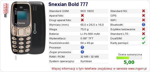 Dane telefonu Snexian Bold 777 Dane telefonu Snexian Bold 777