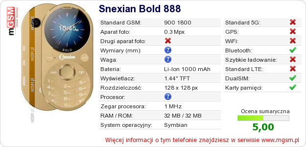Dane telefonu Snexian Bold 888