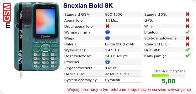 Dane telefonu Snexian Bold 8K