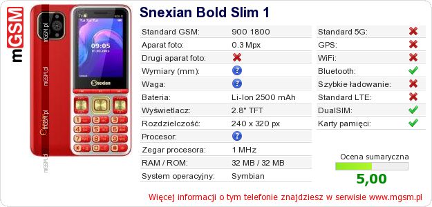 Dane telefonu Snexian Bold Slim 1 Dane telefonu Snexian Bold Slim 1