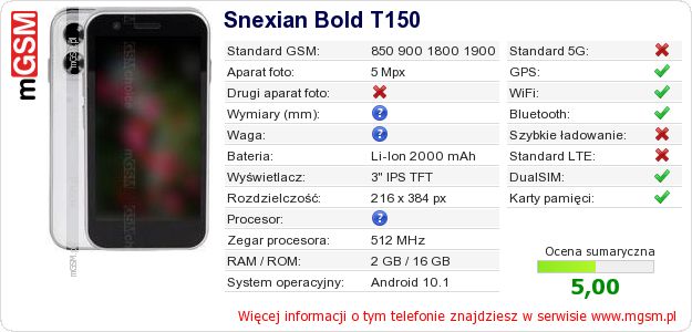 Dane telefonu Snexian Bold T150 Dane telefonu Snexian Bold T150