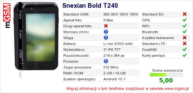 Dane telefonu Snexian Bold T240