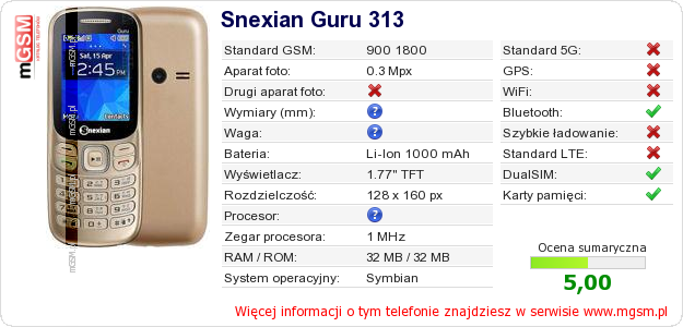 Dane telefonu Snexian Guru 313