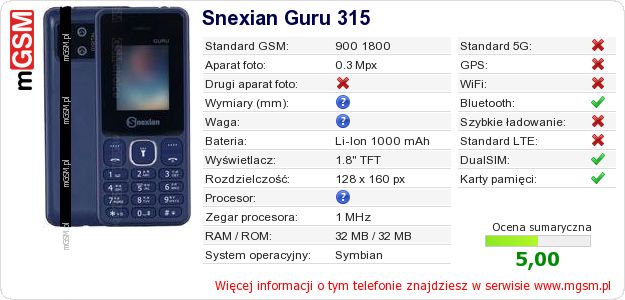 Dane telefonu Snexian Guru 315