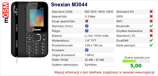 Dane telefonu Snexian M3044 Dane telefonu Snexian M3044