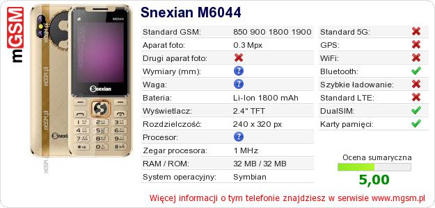 Dane telefonu Snexian M6044