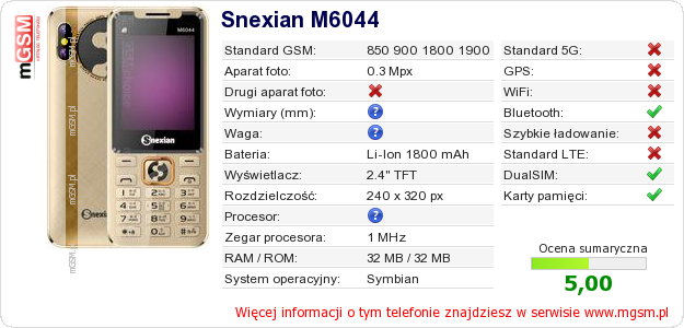 Dane telefonu Snexian M6044