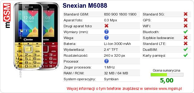Dane telefonu Snexian M6088 Dane telefonu Snexian M6088