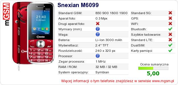 Dane telefonu Snexian M6099