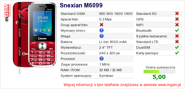 Dane telefonu Snexian M6099 Dane telefonu Snexian M6099