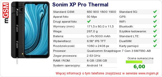 Dane telefonu Sonim XP Pro Thermal