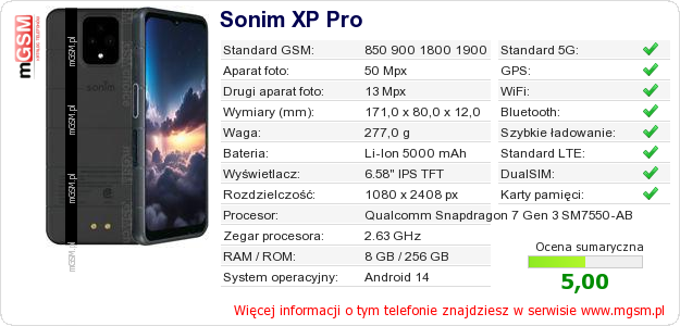 Dane telefonu Sonim XP Pro