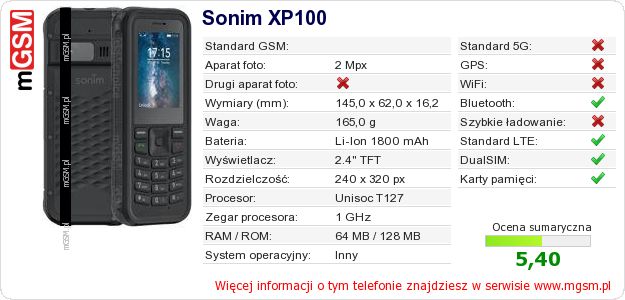 Dane telefonu Sonim XP100
