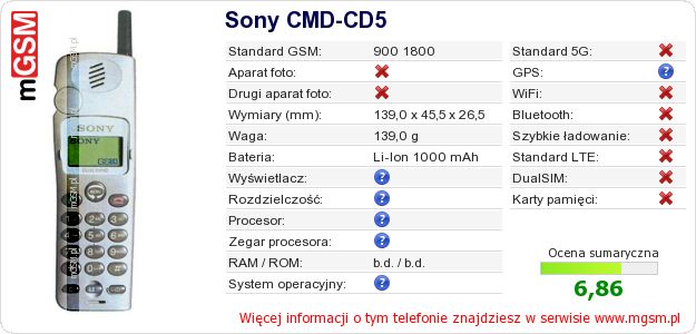 Dane telefonu Sony CMD-CD5 Dane telefonu Sony CMD-CD5