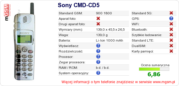 Dane telefonu Sony CMD-CD5