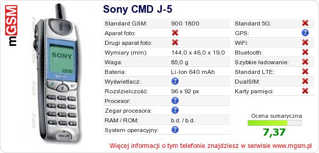 Dane telefonu Sony CMD J-5 Dane telefonu Sony CMD J-5