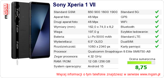 Dane telefonu Sony Xperia 1 VII