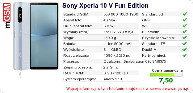Dane telefonu Sony Xperia 10 V Fun Edition Dane telefonu Sony Xperia 10 V Fun Edition