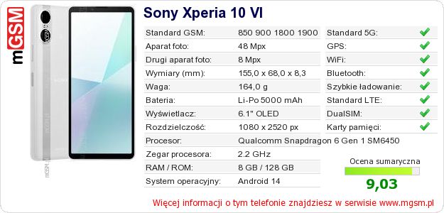 Dane telefonu Sony Xperia 10 VI Dane telefonu Sony Xperia 10 VI
