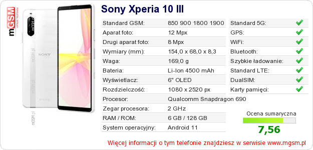 Dane telefonu Sony Xperia 10 III