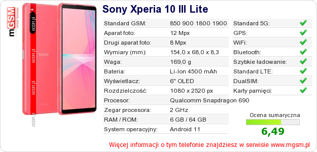Dane telefonu Sony Xperia 10 III Lite