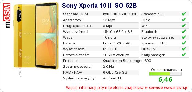 Dane telefonu Sony Xperia 10 III SO-52B