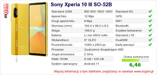 Dane telefonu Sony Xperia 10 III SO-52B
