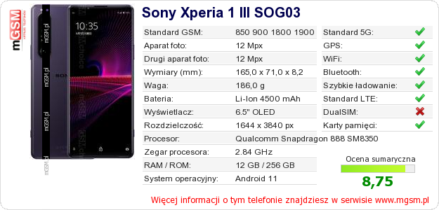 Dane telefonu Sony Xperia 1 III SOG03