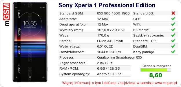 Dane telefonu Sony Xperia 1 Professional Edition