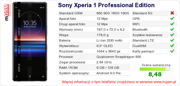Dane telefonu Sony Xperia 1 Professional Edition
