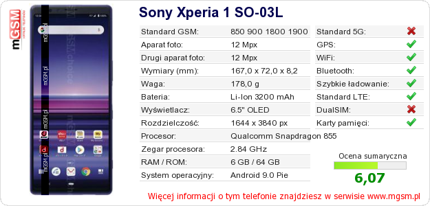 Dane telefonu Sony Xperia 1 SO-03L