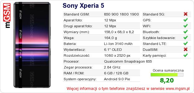 Dane telefonu Sony Xperia 5 Dane telefonu Sony Xperia 5